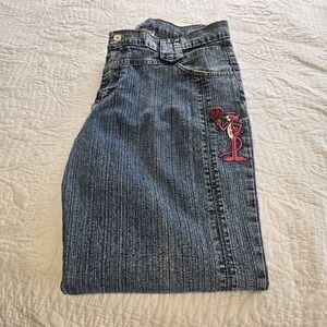 Vintage Y2K Women's Denim Jeans‎ Embroidered Pink Panther Stretch Size 36 Hemmed